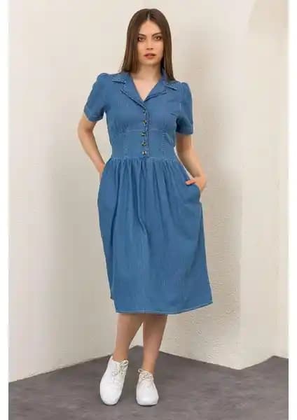 Şimal Kadın Düğme Detaylı Cepli Uzun Kot Elbise Mor Denim Rahat Tasarım