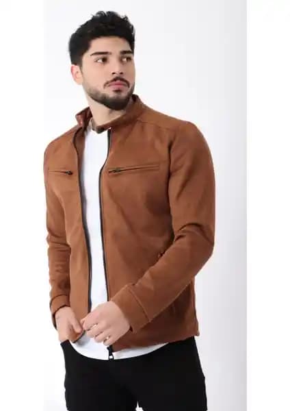 Stil Kombin PLDP 2904 Erkek Süet Mevsimlik Mont Hakim Yaka ve Göğüs Fermuarlı Tasarım