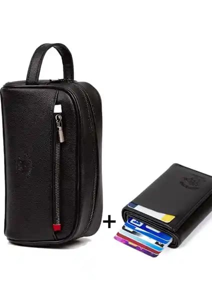 Adelina Bags Siyah Deri Portföy ve Cüzdan Seti Günlük ve Seyahat Kullanımı İçin Uygun