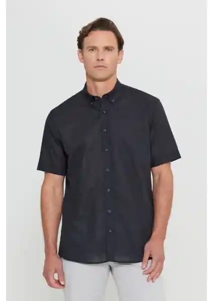 Altınyılz Classics Erkek Siyah Comfort Fit Keten Görünümlü Yazlık Gömlek 100% Pamuk