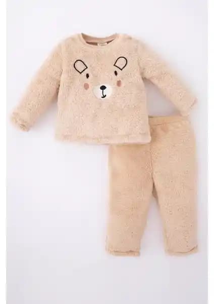 DeFacto Erkek Bebek Pelüş Nakışlı Bisiklet Yaka Pijama Takımı Sıcak ve Rahat Tasarım