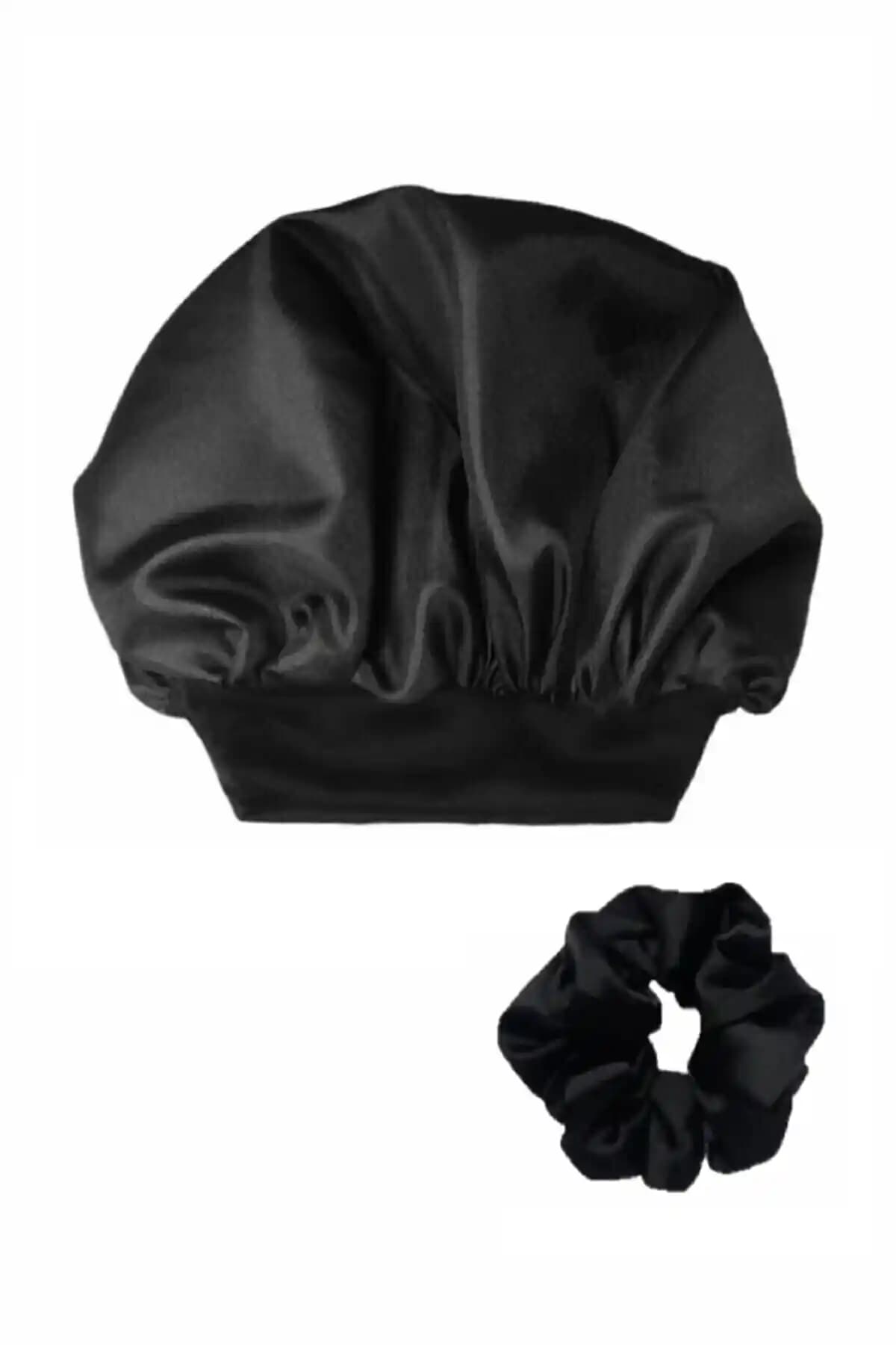 Deko Dekor Siyah Saten Kıvırcık Saç Bonesi ve Toka Seti - Şık ve Fonksiyonel Saç Bakım Aksesuarları