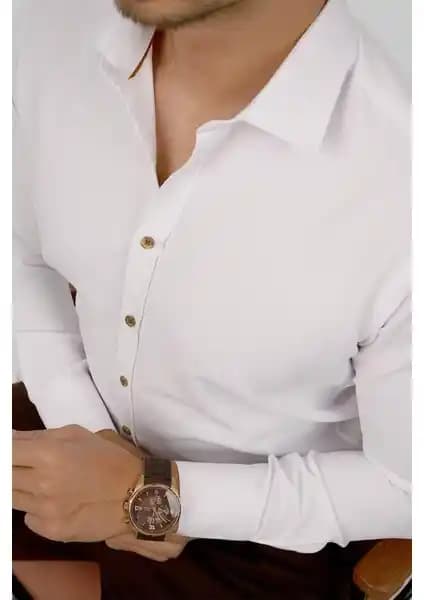 Etikmen Beyaz Kahve Düğmeli Slimfit Erkek Gömlek Günlük ve Şık Kullanım İçin Uygun