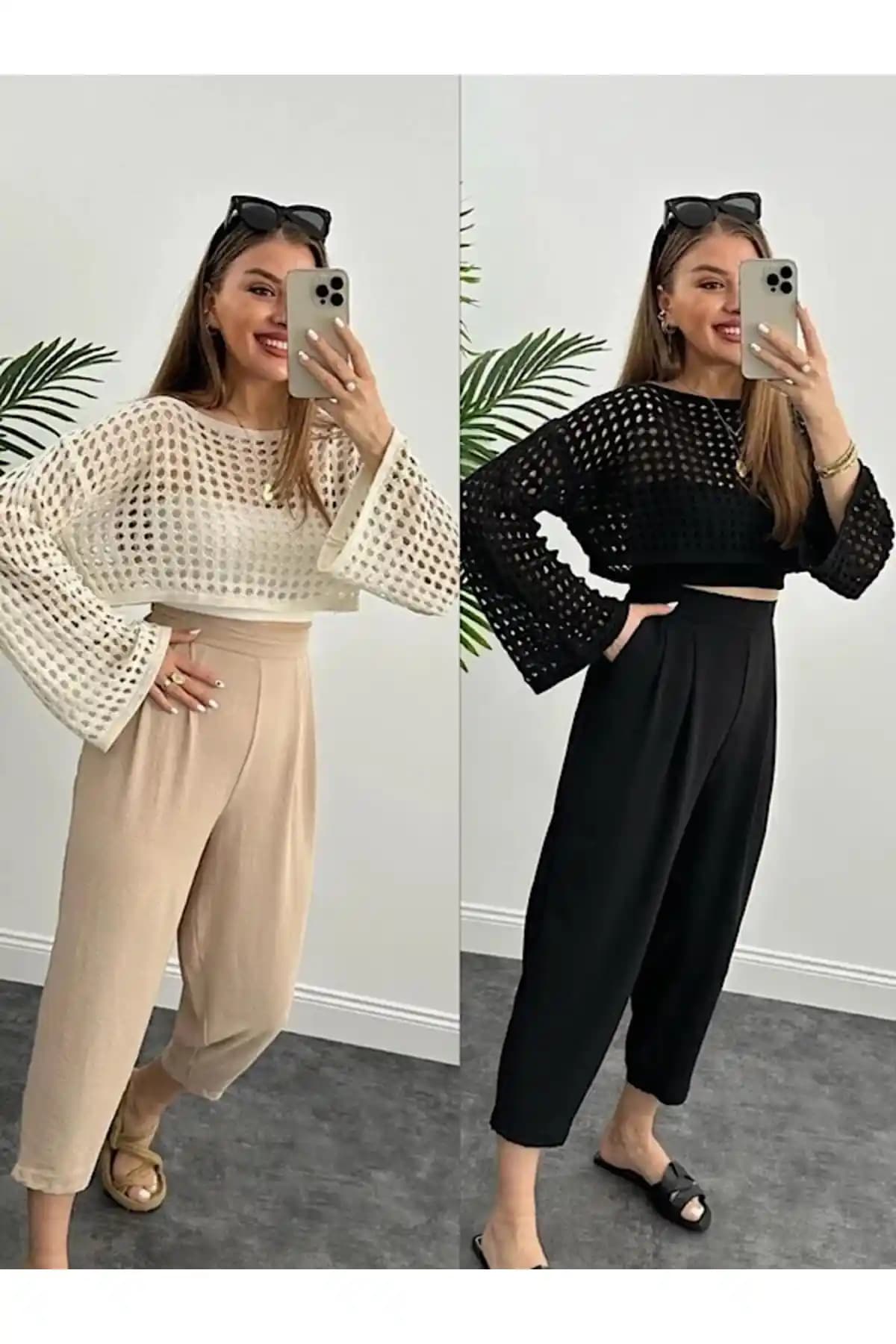 FİOX ATELİER Kadın Trend İkili Bej-Siyah Crop Triko Modern ve Şık Tasarım Özellikleriyle