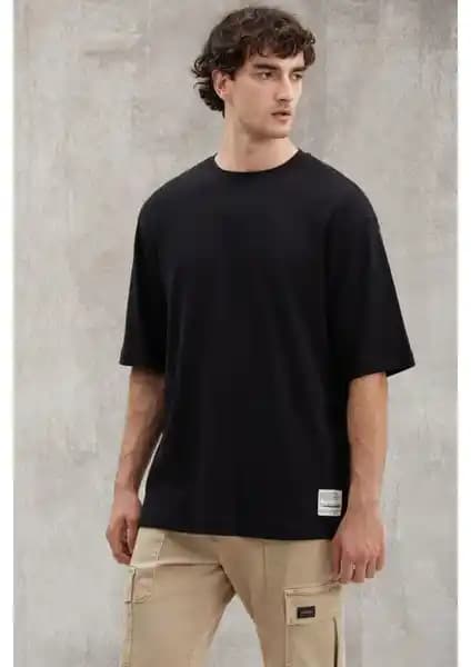 Grimelange Joel Erkek Organik Pamuklu Oversize Siyah T-shirt Kalın Dokulu Tasarım