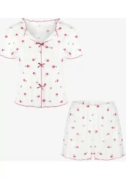 Koza İç Giyim Kadın Çiçek Desenli Fiyonklu Kaşkorse Kısa Kollu Şort Takımı
