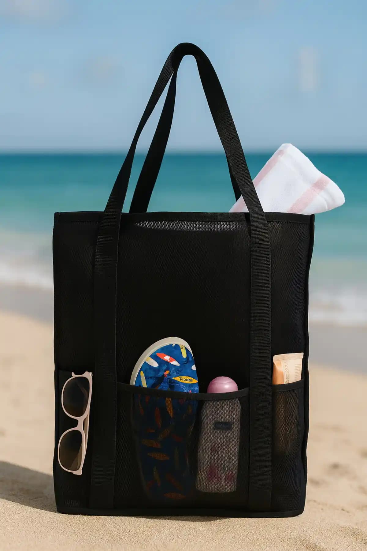 PAWWAYS Büyük Boy Siyah File Plaj Çantası Fonksiyonellik ve Estetiğin Buluşması