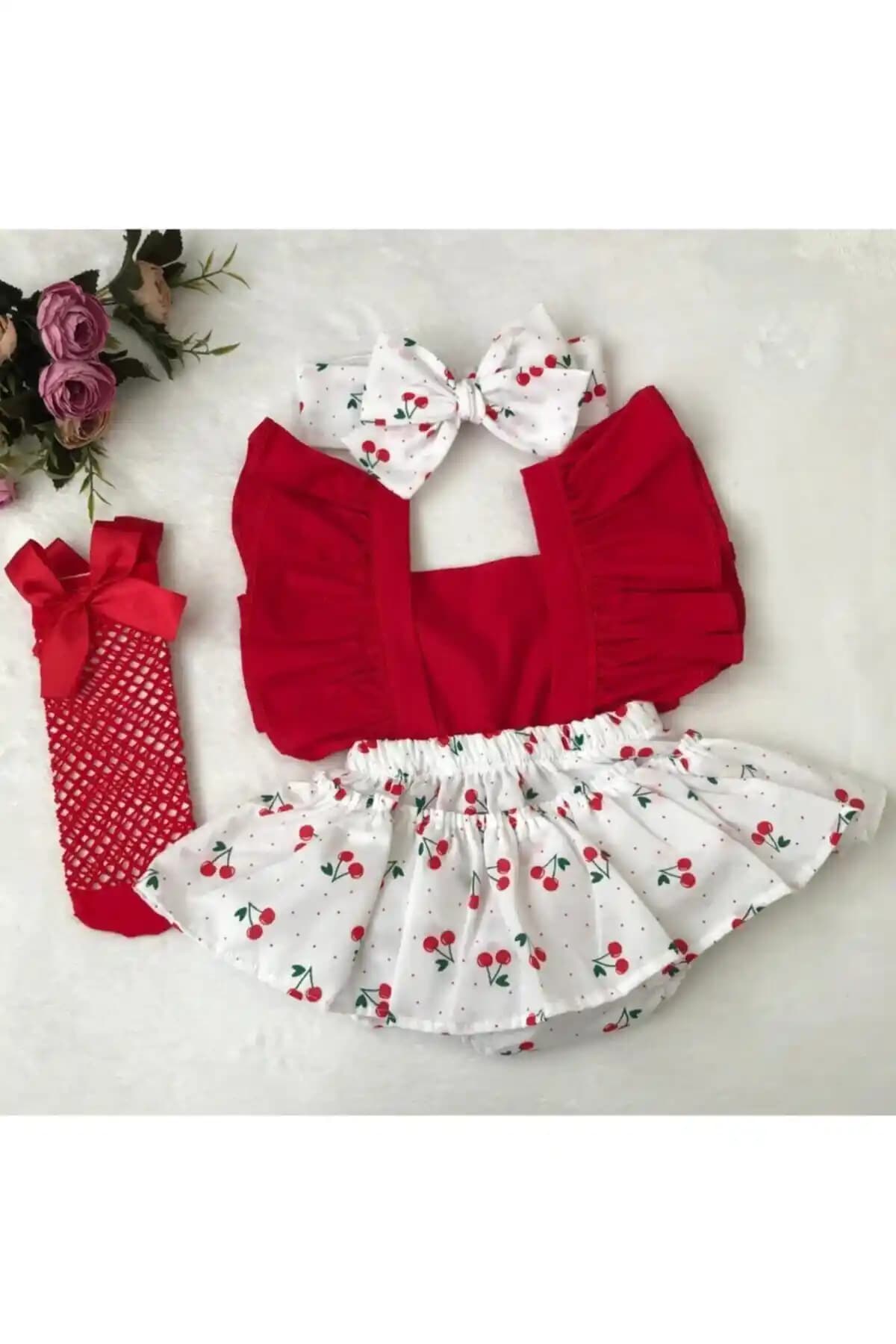 ŞAPKAKİDS Kız Çocuk Kiraz Desenli Fırfırlı Set ve Rahat Giyim Alternatifleri