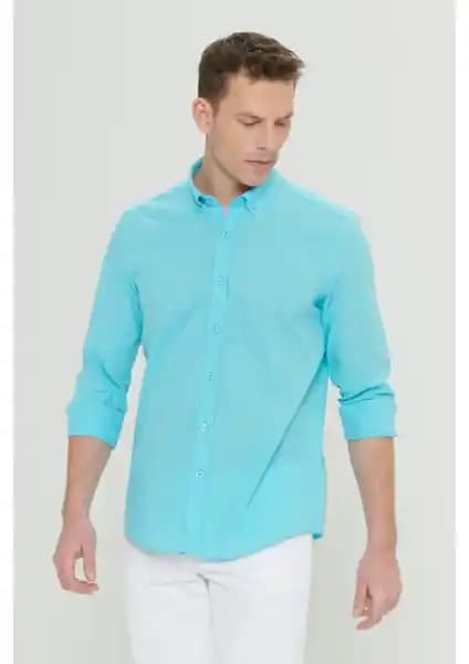 Altınyılz Classics Erkek Turkuaz Slim Fit Keten Görünümlü Pamuk Düğmeli Yaka Gömlek