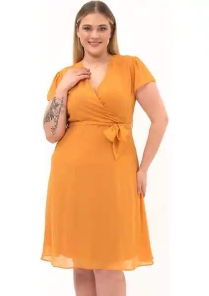 Apsen Kadın Hardal Kruvaze Yaka Midi Boy Şifon Elbise Modern ve Şık Tasarım