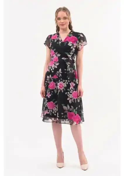 Apsen Kadın Renk Fuşya Bağlama Detaylı Kruvaze Yaka Midi Boy Şifon Elbise Tanıtımı