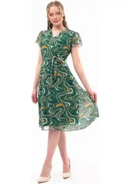 Apsen Kadın Zümrüt Yeşili Kruvaze Yaka Midi Şifon Elbise Modern ve Çok Yönlü Tasarım