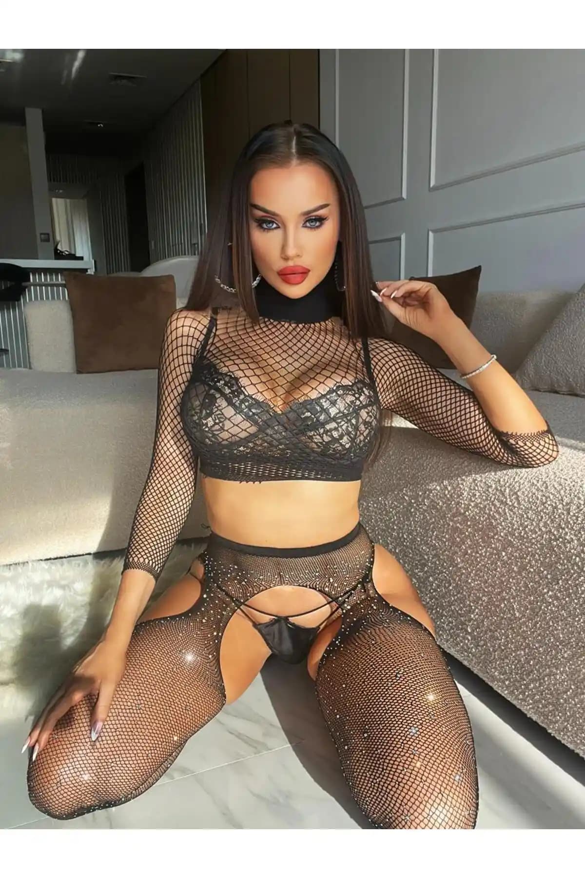 Bernato Kadın Siyah Taşlı 2 Parça Rhinestone Serisi Özel Tasarım Çorap