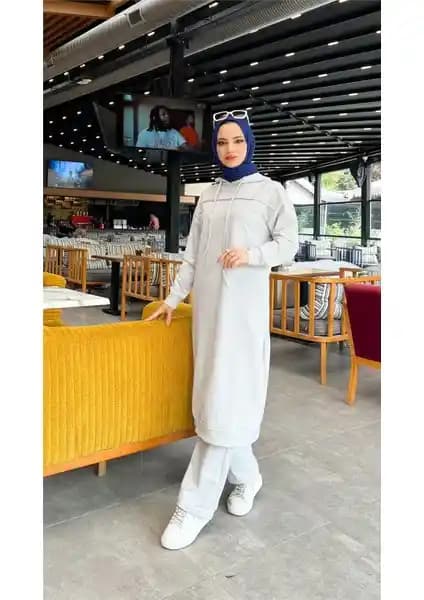 Bwest Uzun Tunik Kapşonlu İkili Spor Takım Gri Renkli Kadınlar İçin Uygun