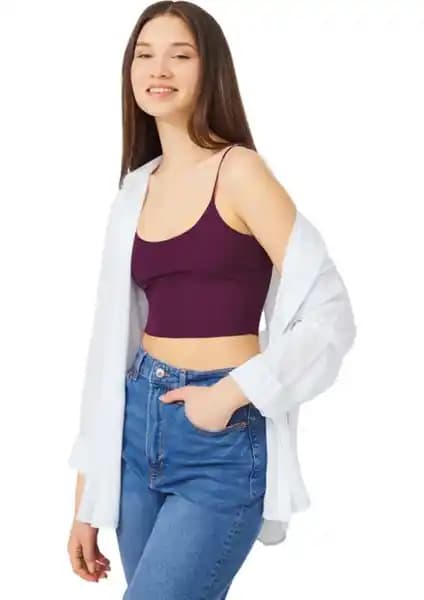 Cottonhill Mürdüm Renkli Ayarlanabilir Askılı Lazer Kesim Kadı Crop Büstiyer