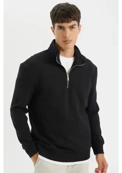 DeFacto Comfort Regular Fit Fermuarlı Dik Yaka Basic Sweatshirt Günlük ve Spor Kullanımına Uygun