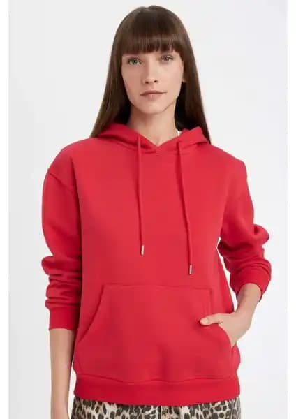 DeFacto Kadın Relax Fit Kapüşonlu Kanguru Cepli Kalın Basic Sweatshirt W1240AZ24WN