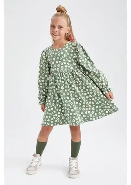 DeFacto Kız Çocuk Uzun Kollu Çiçekli Pamuk Elbise Günlük ve Özel Günler İçin