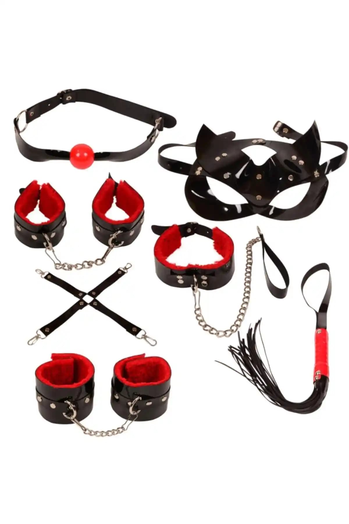 Fetiş ve BDSM Tutkunları İçin 7'li Parlak Deri Kelepçe Kırbaç Seti