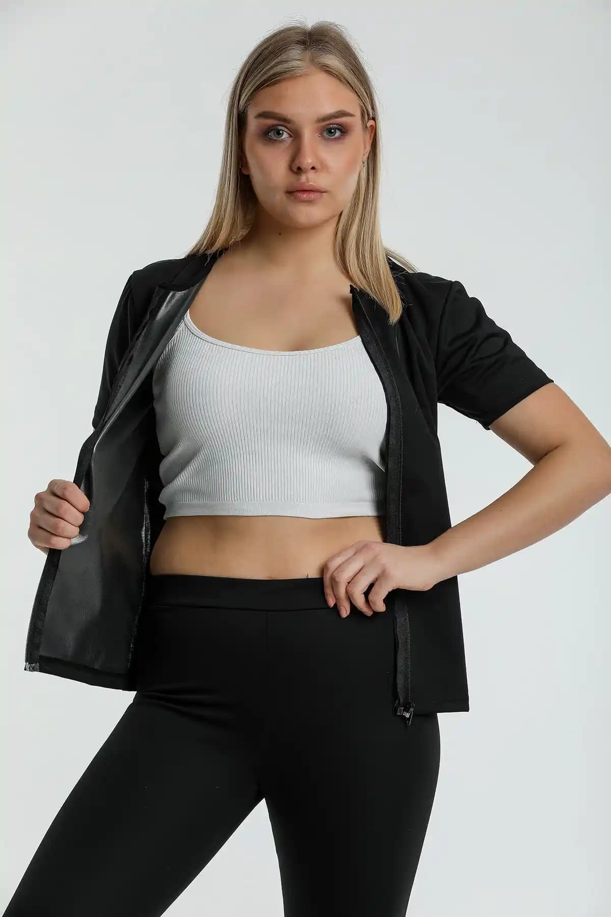 FİT WOMEN Termal Sauna Üstü Zayıflama ve Şekillendirme Kısa Kollu Fermuarlı Üst