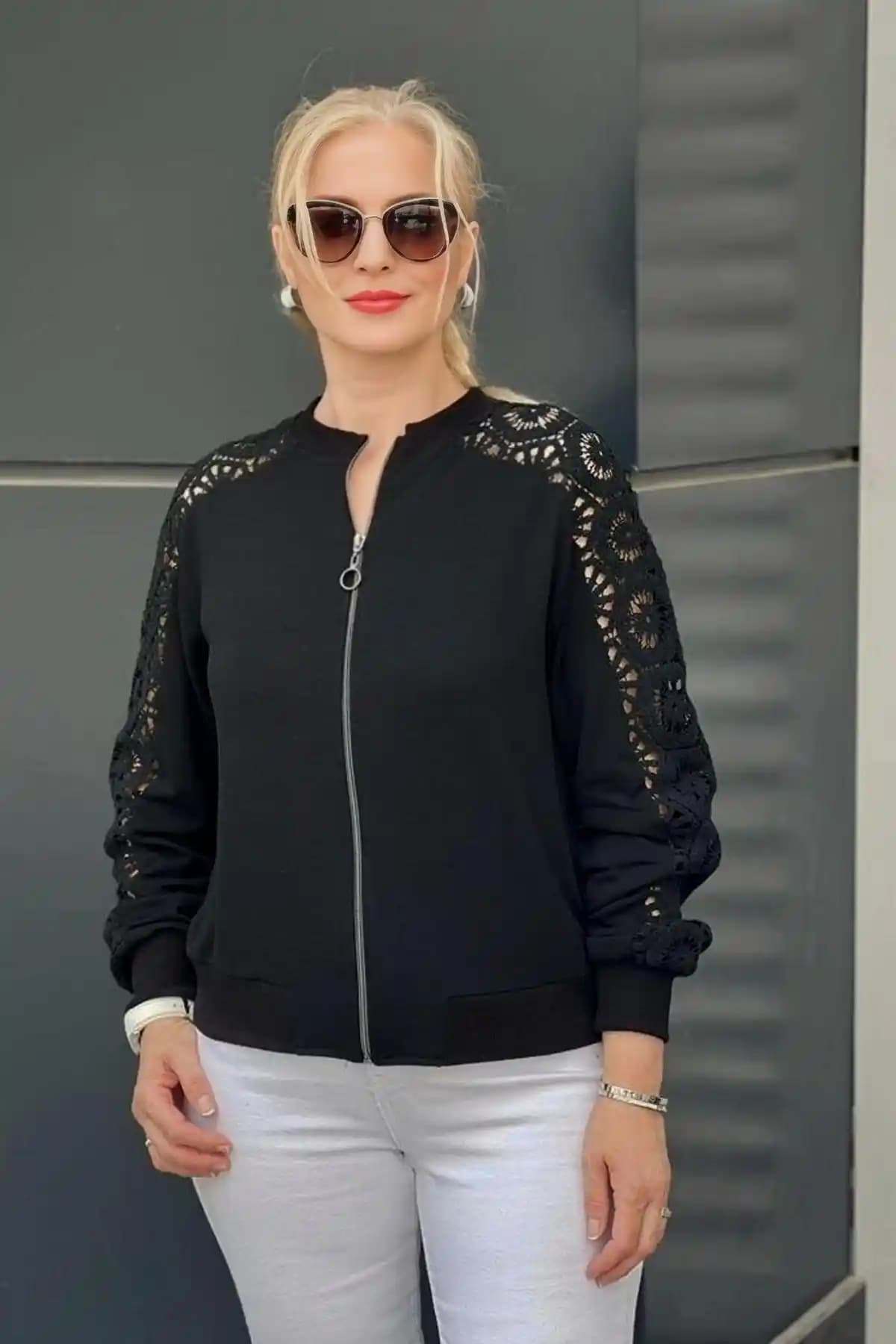 Genel Markalar Kolları Güpürlü Fermuarlı Ceket: Şık ve Fonksiyonel Günlük Kullanım İçin