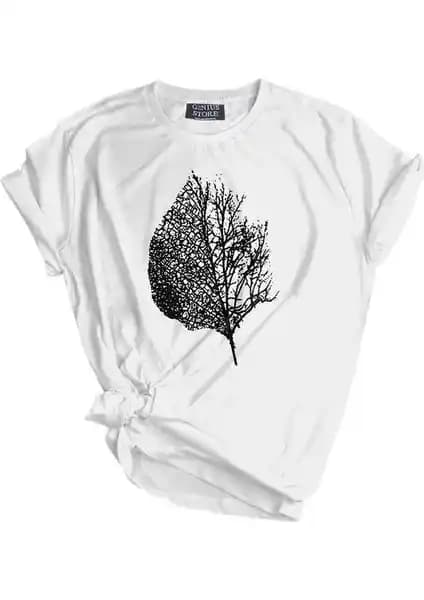 Genius Store Erkek Baskılı Outdoor Tişört Yaprak Beyaz Dayanıklı ve Rahat Tasarım