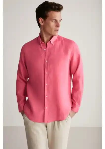 Grimelange BRICE Erkek %100 Keten Kumaşlı Dökümlü Pembe Gömlek Günlük ve Resmi Kullanım İçin