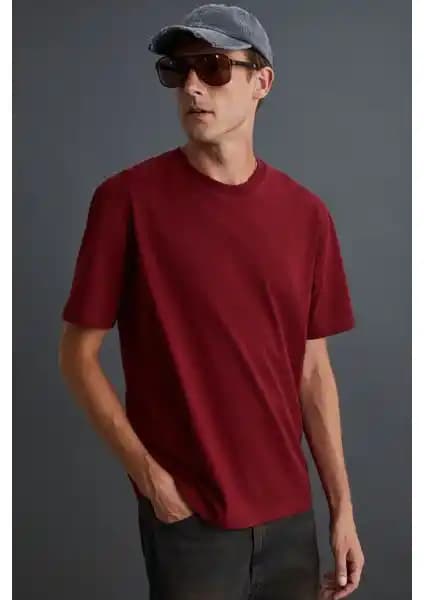 Grimelange Erkek Organik Pamuklu Kalın Dokulu Bordo Tişört Modern ve Rahat Tasarım