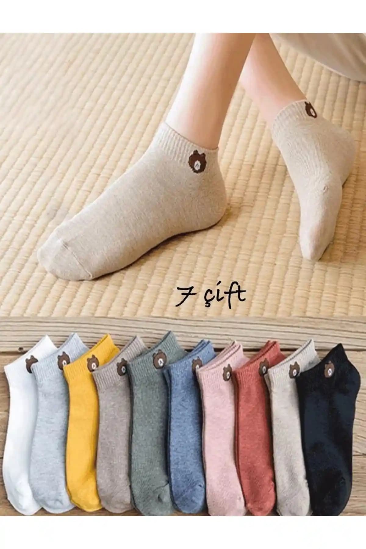 HANKARAYEL 7'li Teddy Ayıcık Desenli Kadın Penye Çorapları Günlük Kullanım İçin Uygun