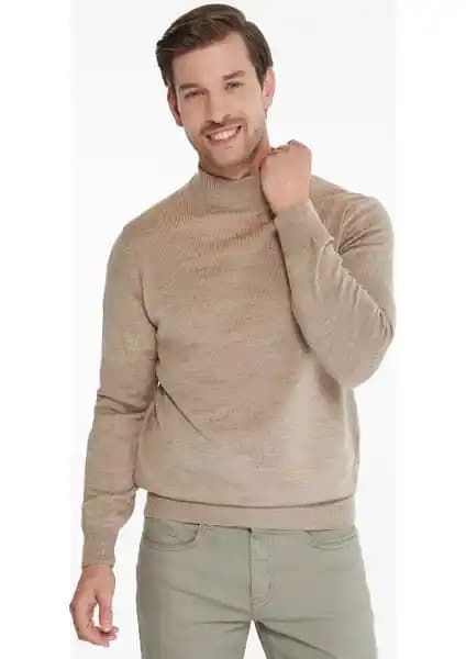 Hatemoğlu Erkek Bej Regular Fit Yarım Balıkçı Triko Kazak Günlük ve Şık Kullanım İçin