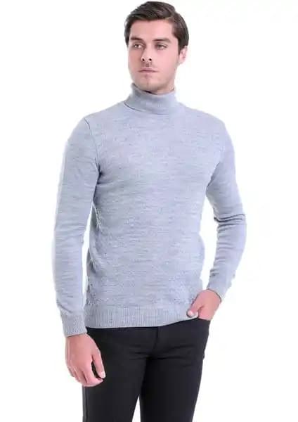 Hatemoğlu Erkek Gri Desenli Tam Balıkçı Yaka Regular Fit Triko Kazak İnce ve Şık Tasarım