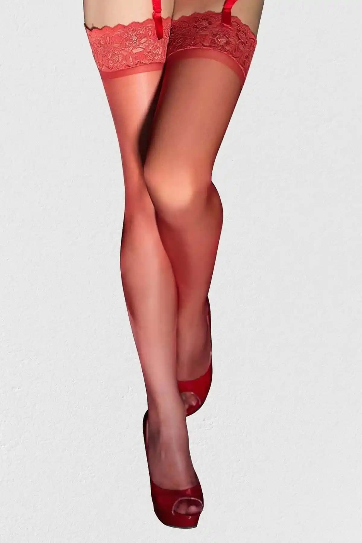 İGP Kadın Kırmızı Kaydırmaz Silikonlu Dantelli Jartiyer Çorabı - Şıklık ve Konforun Buluşması