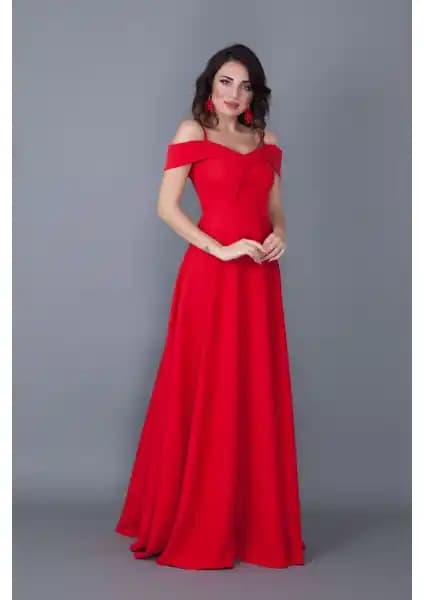 Kadınlar İçin Şık ve Modern Kayık Yaka Düşük Omuz Maxi Kırmızı Abiye Elbise