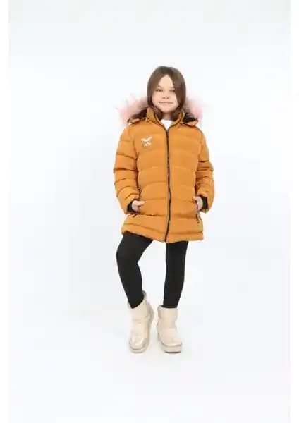 Kız Çocuklar İçin Fonksiyonel ve Şık Sarı Kapüşonlu Şişme Mont