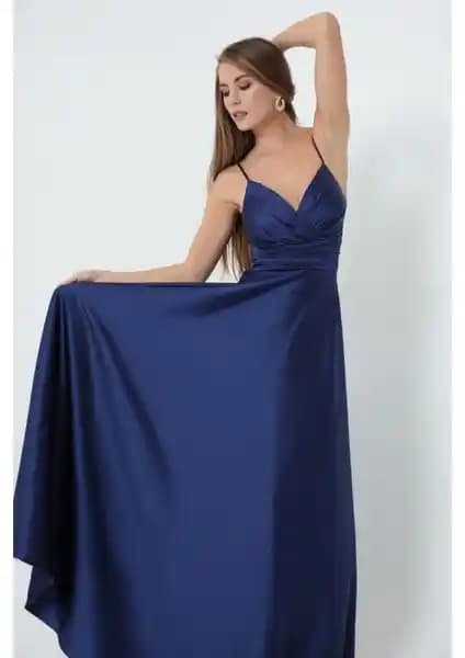 Lafaba Kadın Lacivert İp Askılı Kemerli Saten Uzun Abiye ve Mezuniyet Elbisesi