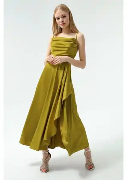 Lafaba Kadın Yağ Yeşili Saten Midi Abiye ve Mezuniyet Elbisesi Özellikleri ve Tasarımı