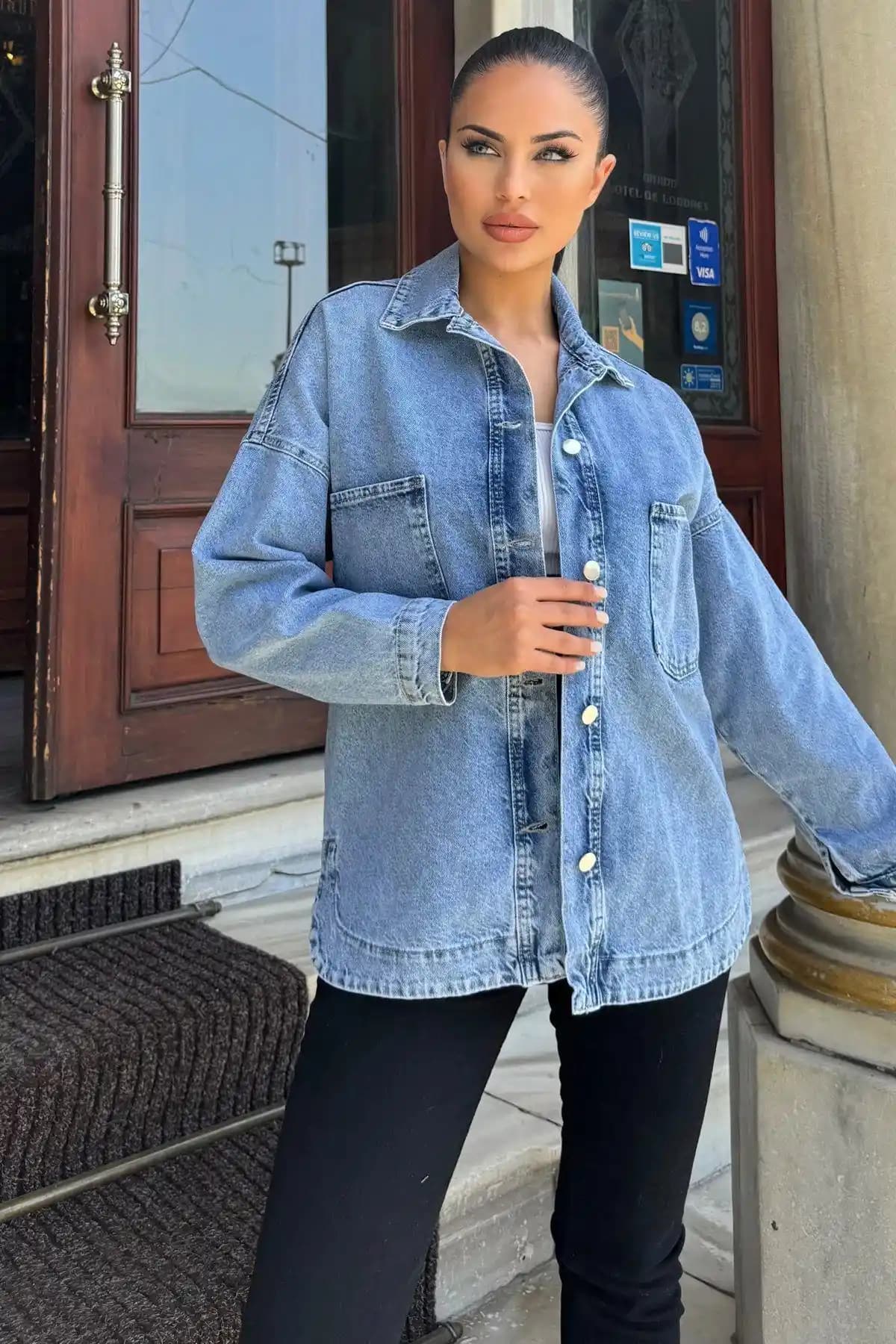 Laviva Mavi Oversize Kot Cepli Düğmeli Gömlek Ceket Kadın Günlük Şıklık İçin