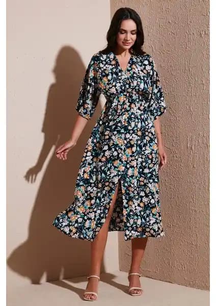 Lela Regular Fit V Yaka Desenli Midi Boy Elbise Günlük ve Şık Kullanım İçin Uygun