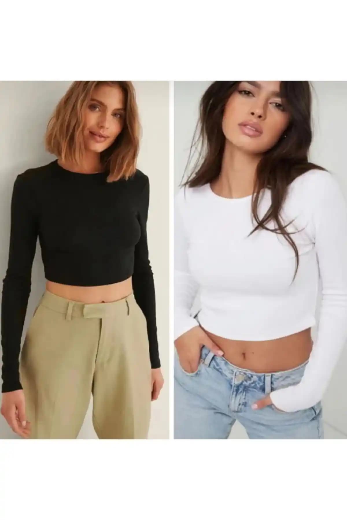 Lorya Giyim 2'li Paket %100 Pamuklu Fitilli Kaşkorse Uzun Kollu Crop Bluz Modaya Uygun Tasarım