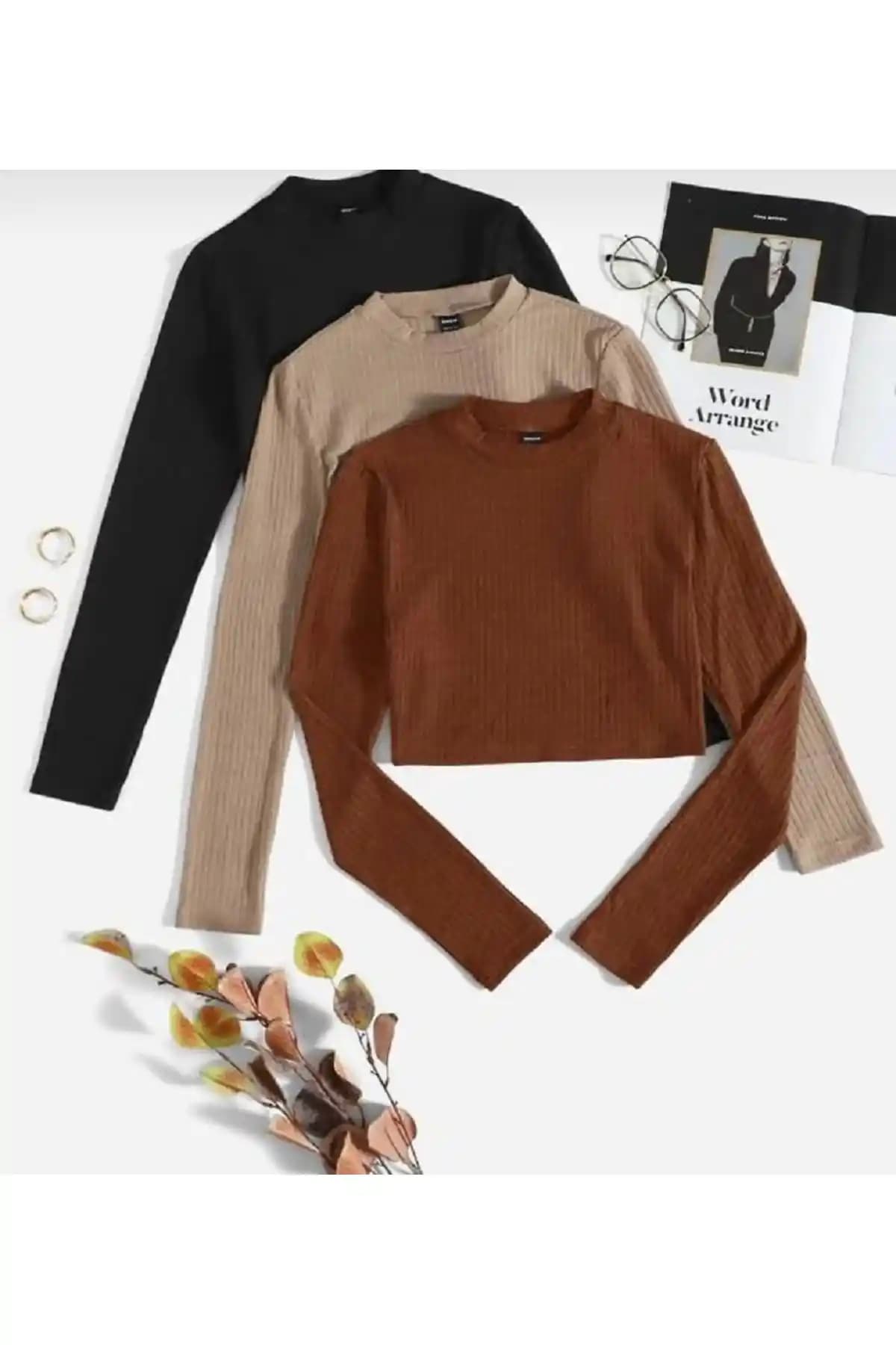 Lorya Giyim 3'lü Pamuklu Crop Bluz Seti Günlük ve Casual Kullanım İçin Uygun