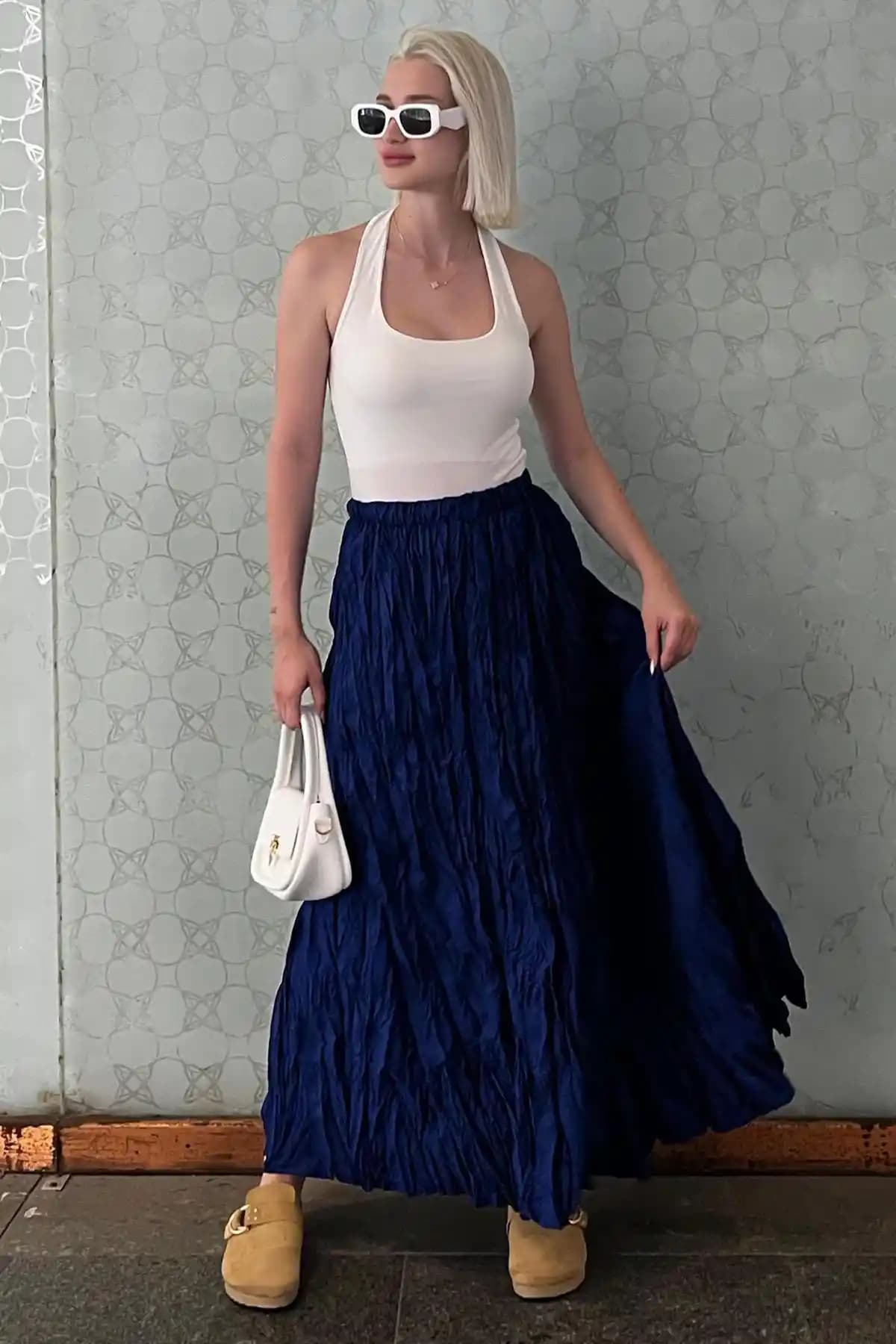 Madmext Lacivert Beli Lastikli Mikro Uzun Etek MG2155 Günlük ve Şık Kullanım İçin