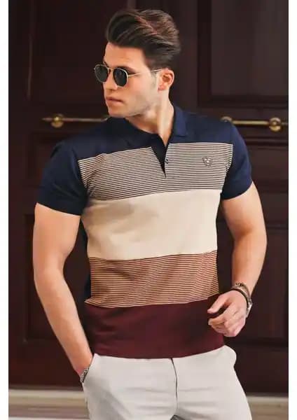 Madmext Renk Bloklu Lacivert Polo Yaka Erkek Triko Tişört Günlük ve Şık Kullanım İçin