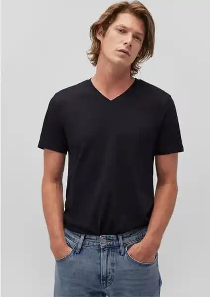 Mavi Stretch V Yaka Siyah Basic Tişört Erkekler İçin Günlük ve Spor Kombinleri
