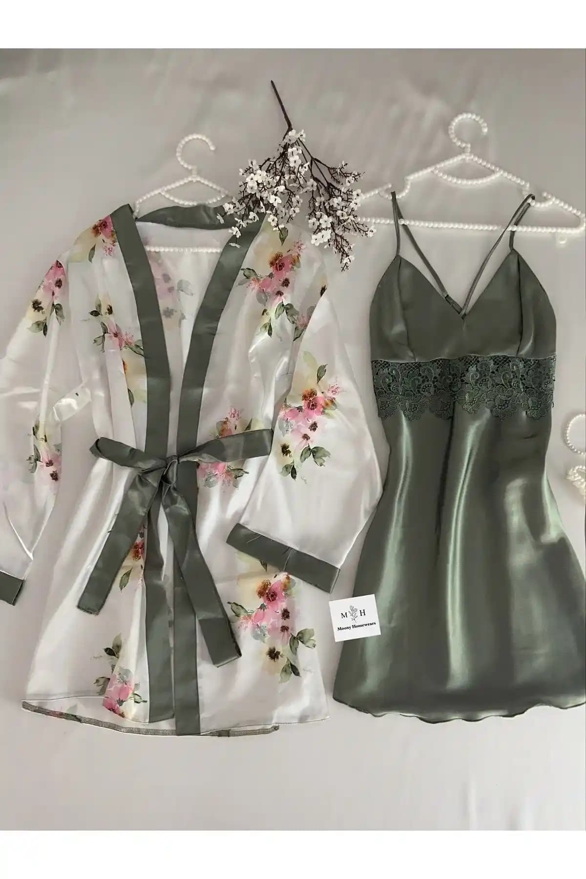MH Moony Homewears Saten Yeşil Elmas Gecelik Sabahlık Seti Şıklık ve Konforun Buluşması