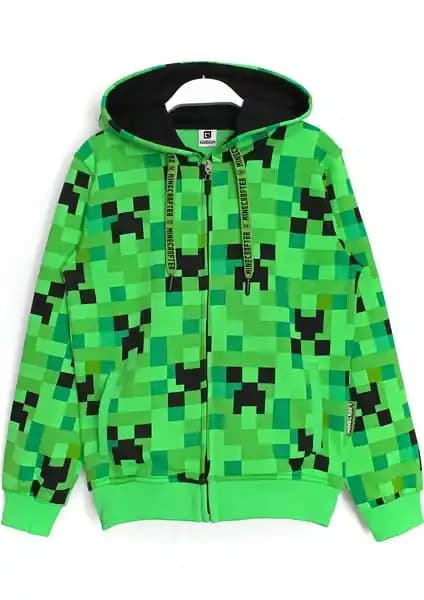 Minecraft Creeper Desenli Fermuarlı Unisex Çocuk Ceketi 5-13 Yaş Arası Kullanıma Uygun