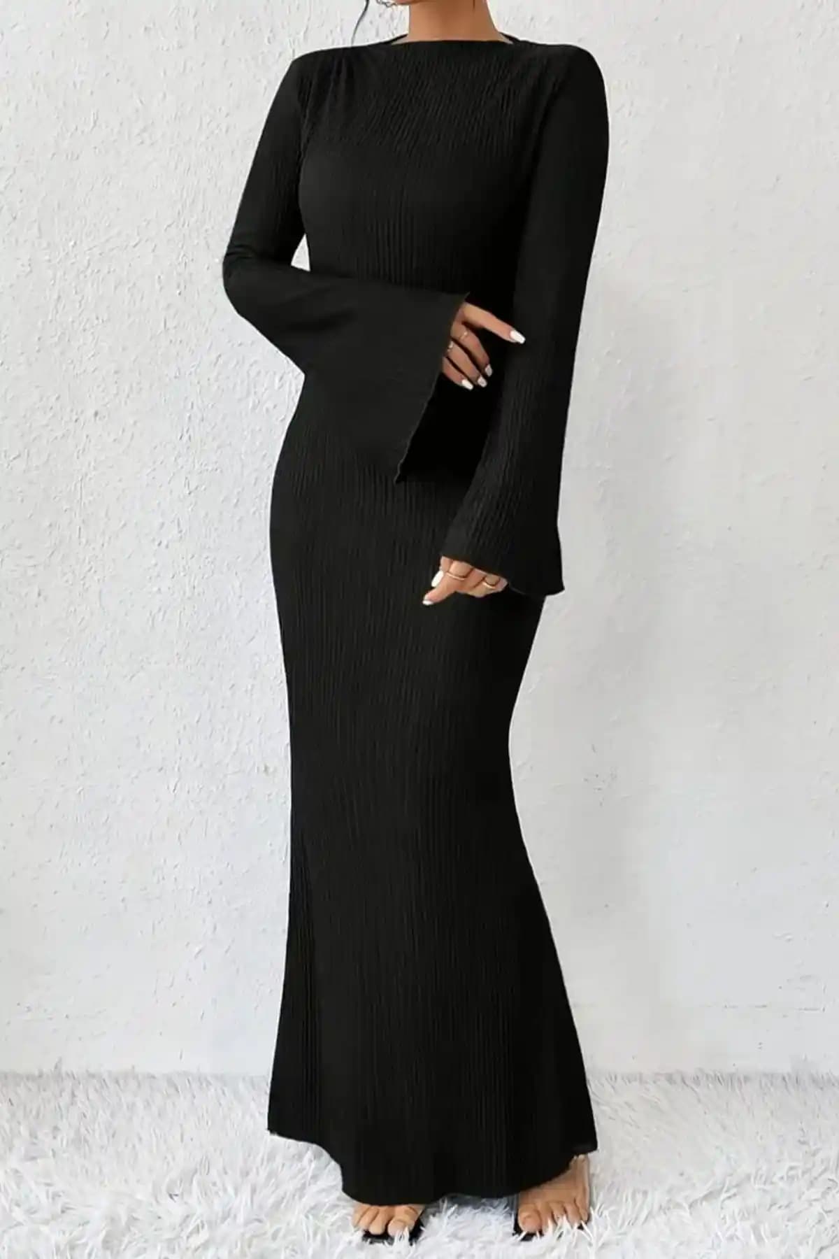 Missamour Kadın Uzun Kollu Kaşkorse Bisiklet Yaka Elbise Şık ve Rahat Tasarım