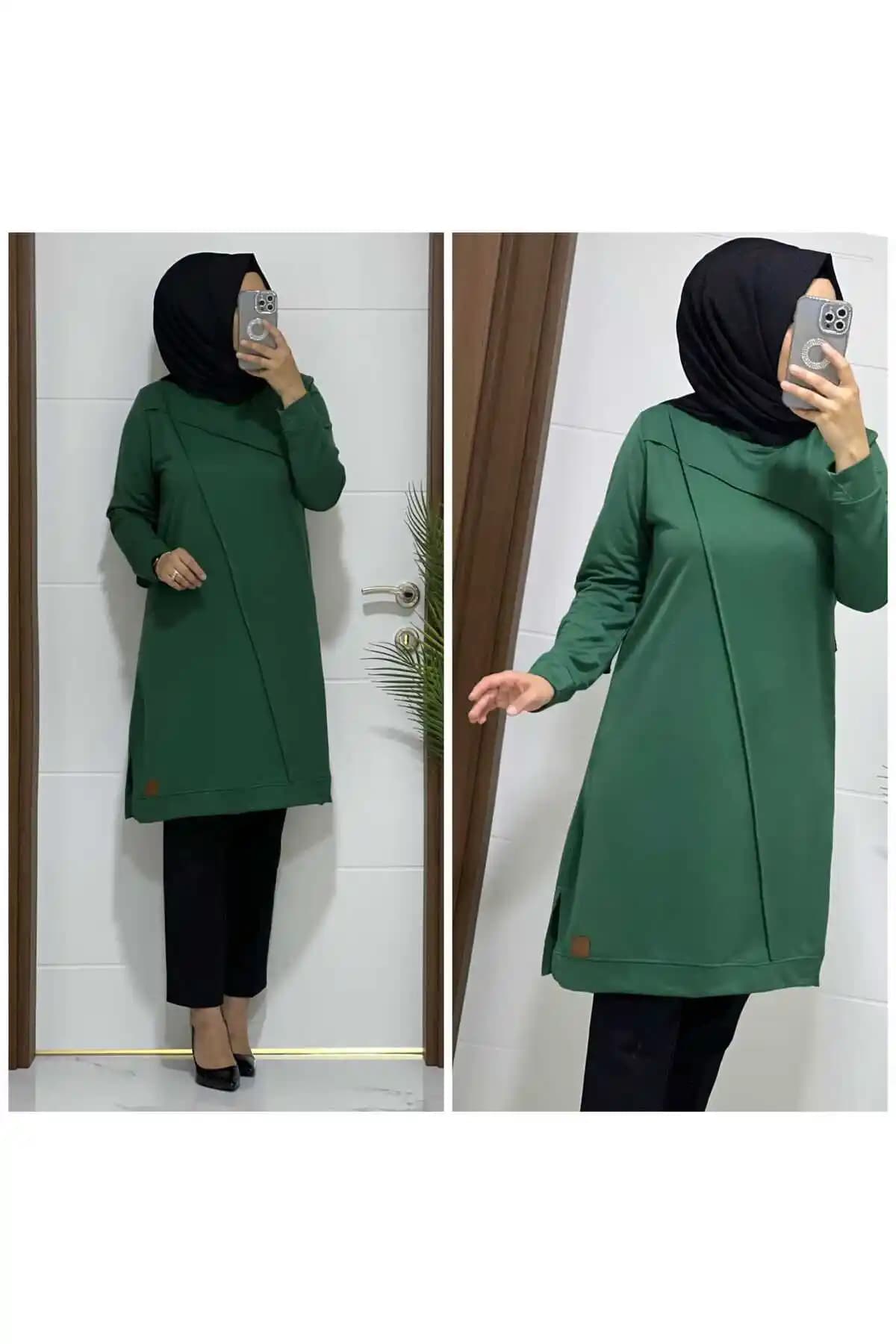 Modasura 4550 K 35 Zümrüt Yeşil Çapraz Çimalı İki Iplik Tunik Günlük Şıklık ve Konfor