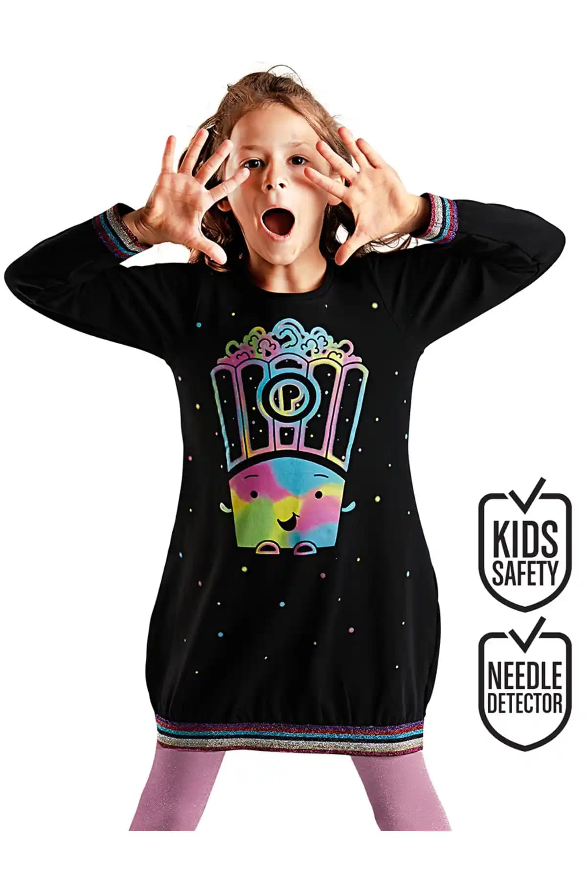 MSHB&G Siyah Kız Çocuk Popcorn Elbisesi Şık ve Rahat Tasarım Özellikleriyle