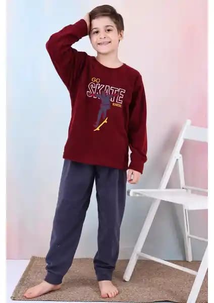 Mutlu City Erkek Çocuk Skate Desenli Polar Pijama Takımı 2024 Sonbahar Kış Koleksiyonu