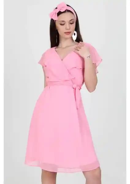 Neşeli Butik Kadın Kruvaze Yaka Bağlama Detaylı Şifon Elbise Yeni Sezon Trendleri